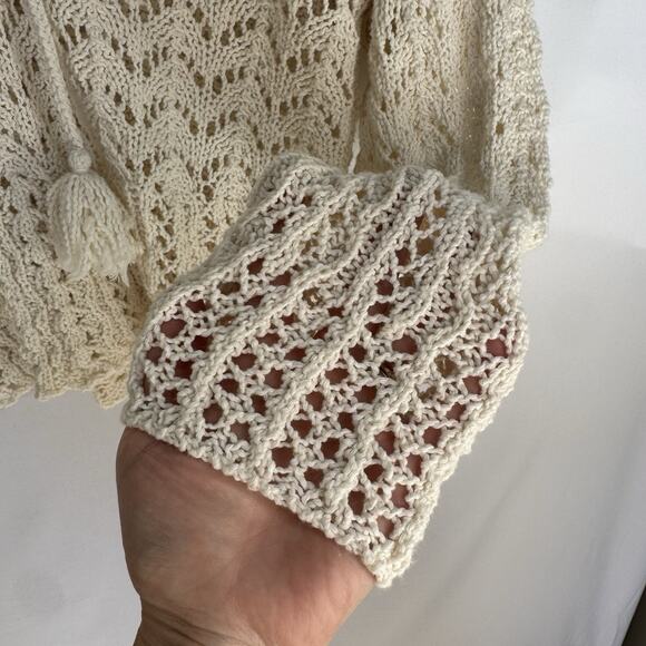 American Eagle Women’s XS Lace Up Collared Crochet Open Knit Cream Sweater Boho - Picture 10 of 10